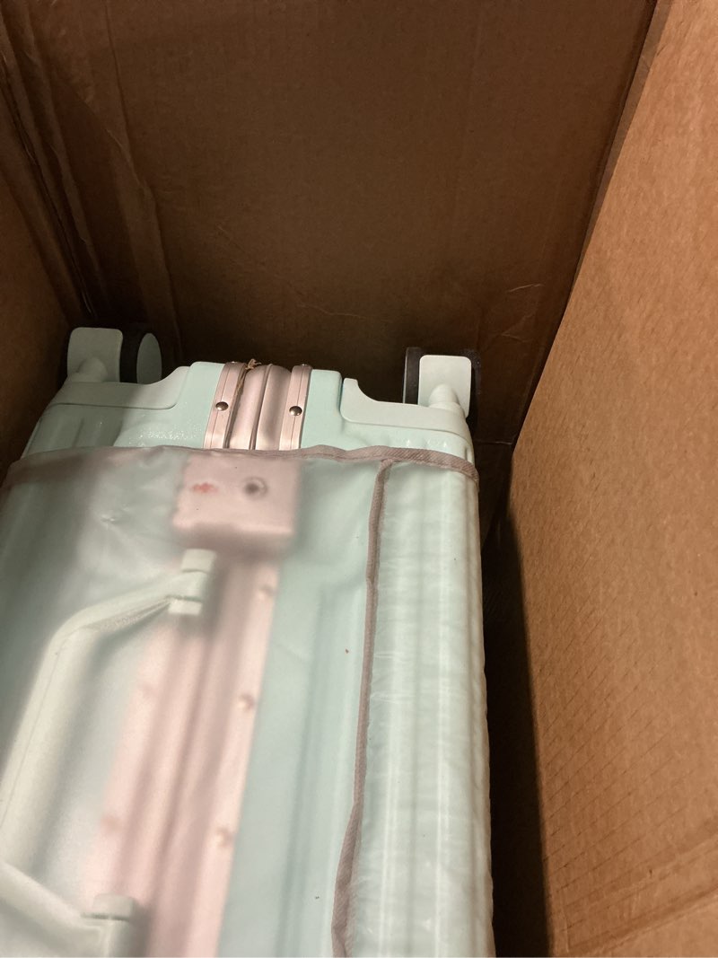 Condition photo showing As Is for 20 inch carry on luggage, zipperless aluminum frame pc hardside suitcase with cup holder & charger, airline approved tsa lock & 360° spinner wheels for business weekend trip mint green 20 inch