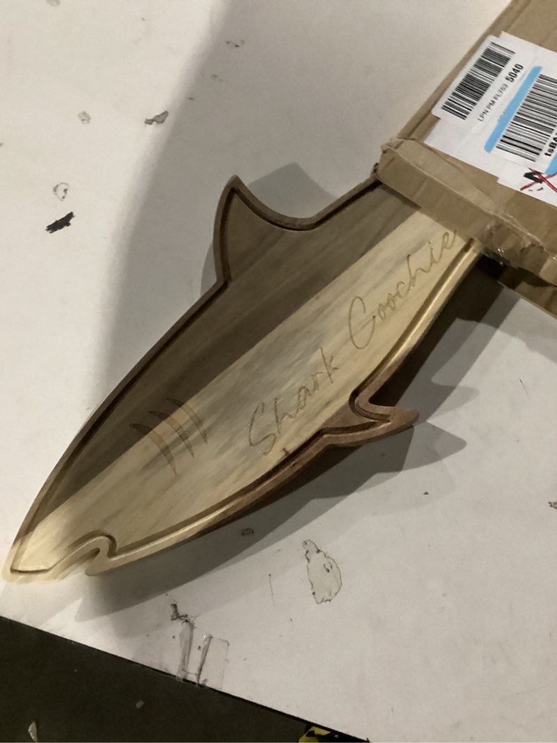 Condition photo showing New/Like New for shark charcuterie board shark couchie acacia wood board,christams kitchen shark gifts for charcuterie lovers
