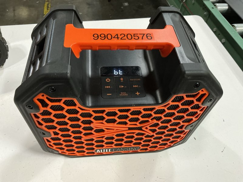 Condition photo showing As Is for altec lansing toughboxx bluetooth speaker, 70w peak power, ipx5 waterproof, 18hr playtime, party sync 100+ units, fm radio, usb-c & mic in, ultimate portable outdoor bluetooth speaker