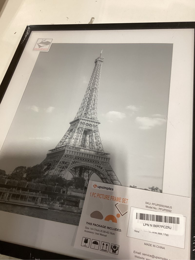 Condition photo showing New/Like New for upsimples 14x17 picture frame, display pictures 11x14 with mat or 14 x 17 without, wall hanging diploma frames, black, 1 pack