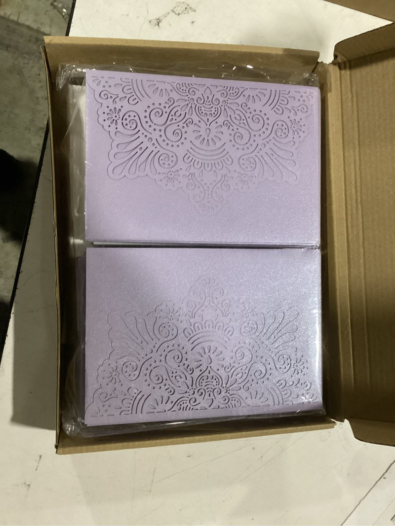 Condition photo showing As Is for 50pcs wedding invitation, personalized laser cut invitations with envelopes and rsvp cards for engagement quinceanera bridal baby shower birthday - purple purple tri-fold