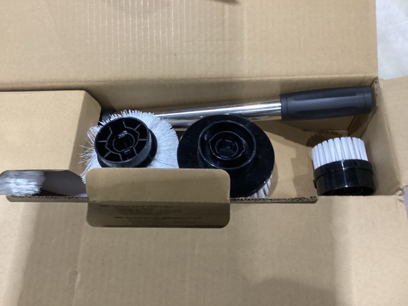 Condition photo showing As Is for tuyu electric spin scrubber, full-body ipx7 waterproof bathroom scrubber with power lcd display, adjustable extension handle, cordless shower cleaner brush for bathtub kitchen wall cleaning black