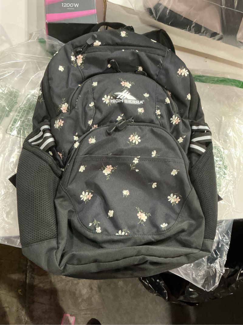 Condition photo showing New/Like New for high sierra swoop sg backpack, travel or work laptop bookbag with drop protection pocket, and tablet sleeve, one size, floral/black floral/black one size