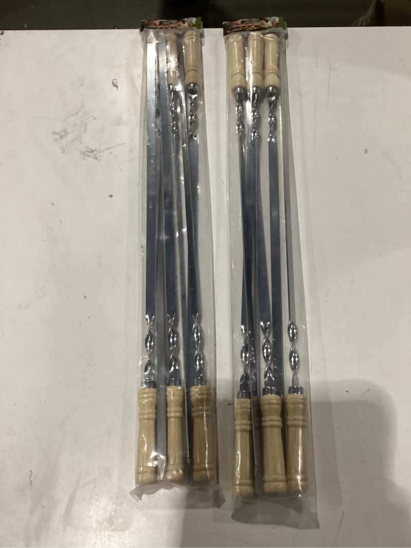 Condition photo showing New/Like New for 23.6" Large Size Kabob Skewers Flat Metal BBQ Barbecue Skewer Wooden Handle Stainless Steel Shish Kabob Stick Wide Reusable Grilling Set Meat Shrimp Chicken Vegetable Kebab Fork Sausage-12PCS 23.6 inch (Wood handle)