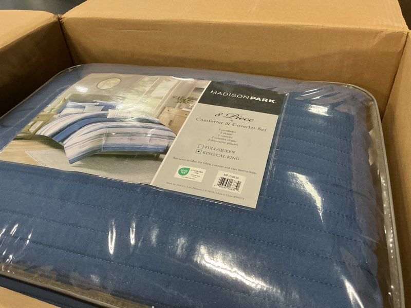 Condition photo showing Good Condition for madison park marina comforter quilt combo set - modern luxury design, all season down alternative bedding, matching shams, decorative pillows, king/cal king(104"x92") seersucker blue 8 piece king/cal king marina coastal stripes blue