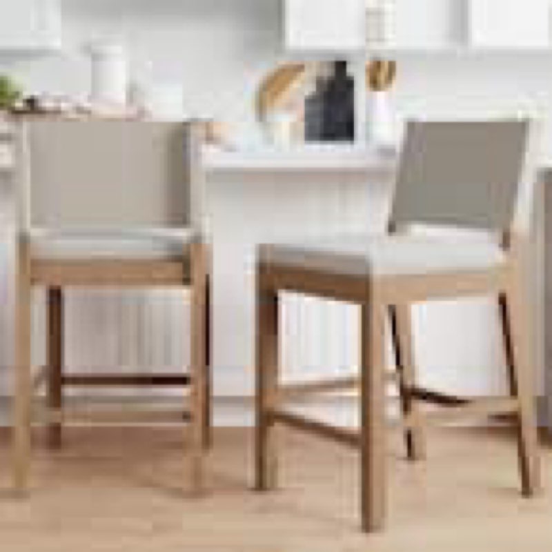 36 in. Modern Upholstered Counter Height Bar Stool with Back and Solid Wood Legs, Natural Flax/Brown, Set of 2