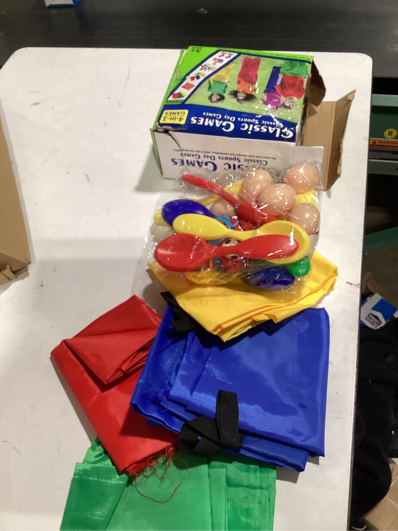 Condition photo showing As Is for potato sack race bags - sack race bags for adults and kids, bean bag toss game, 3 legged relay race, egg spoon game, carnival outdoor lawn game for easter, halloween, christmas, birthday party