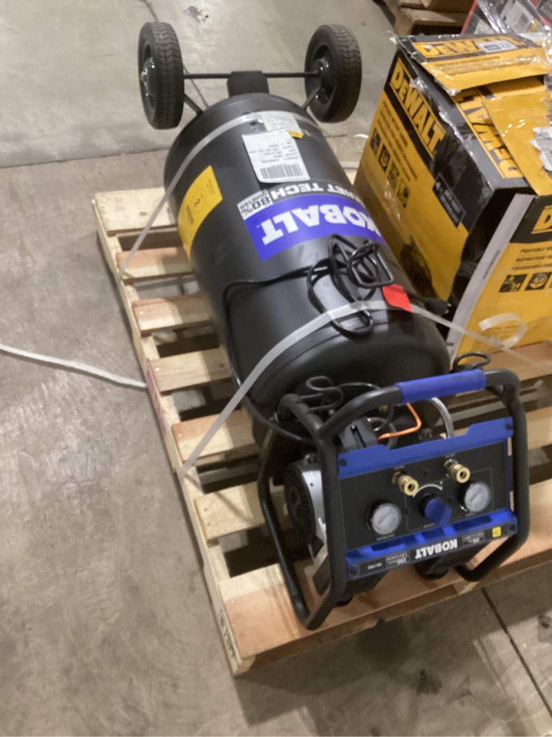 Condition photo showing As Is for kobalt quiet tech 26-gallon portable electric 150 psi vertical air compressor