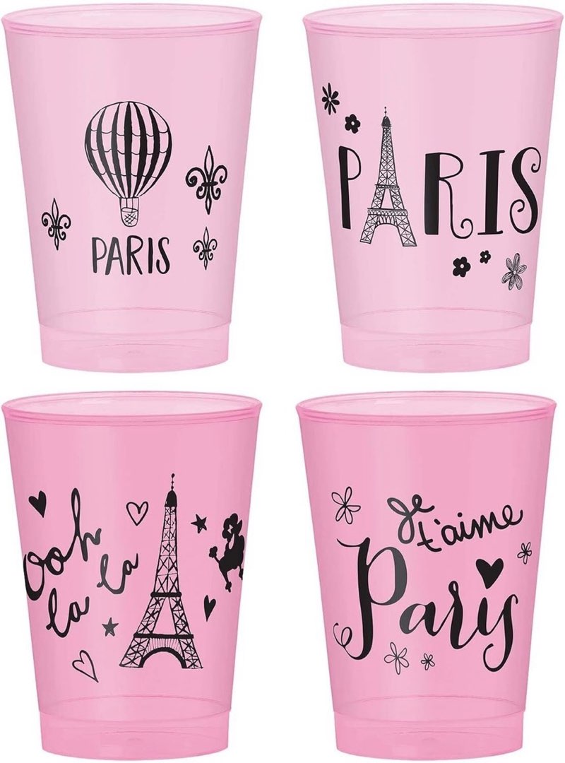 Day in Paris Pink Eiffel Tower French Birthday Party Cups 10 oz Plastic Tumblers