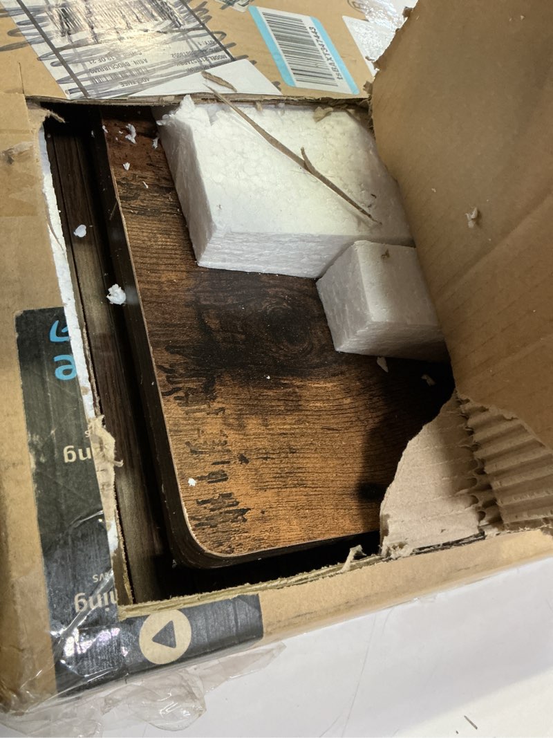 Condition photo showing As Is for Furinno Andrey Side Table, Set of 2 End Table, Night Stand with Open Shelves and Storage Bin, Bedside Table, for Living Room, Bedroom, Amber Pine Amber Pine/Black 2-Pack, Center Bin