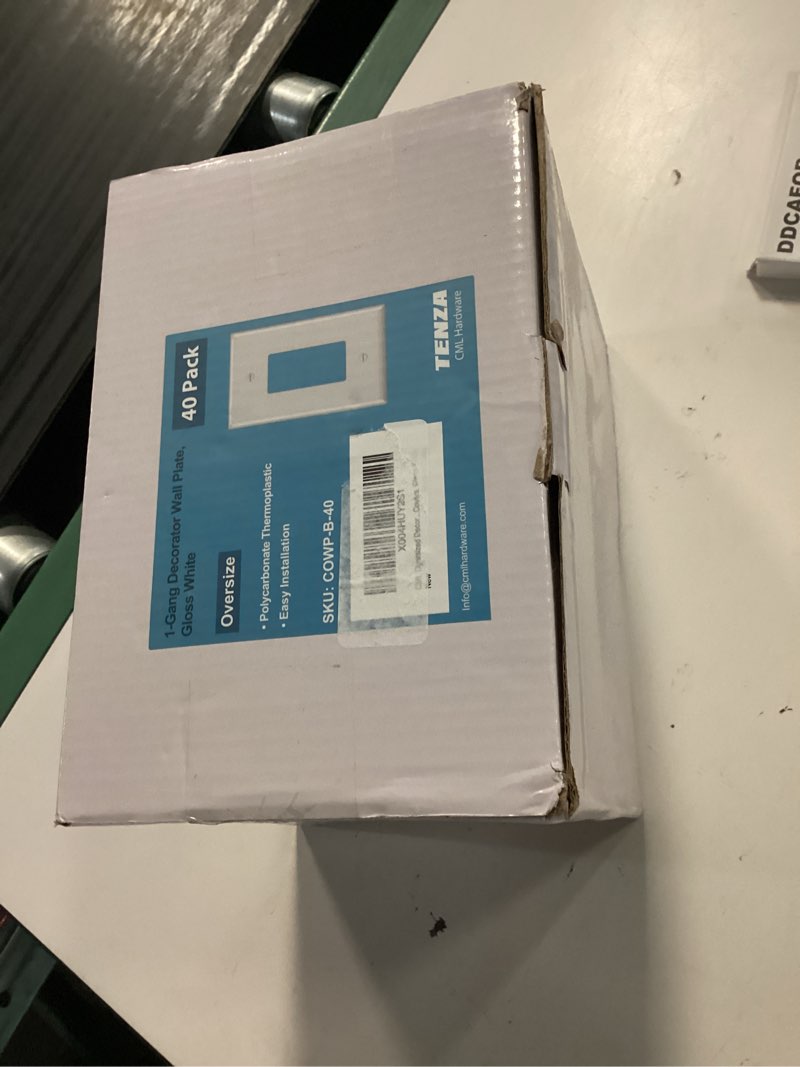 Condition photo showing New/Like New for cml oversized decorator wall plate, 40 pack jumbo electrical outlet receptacle covers, 1-gang large white switch plates, over-size 3.5” x 5.5”, impact resistant, etl listed 40 over-size decorator