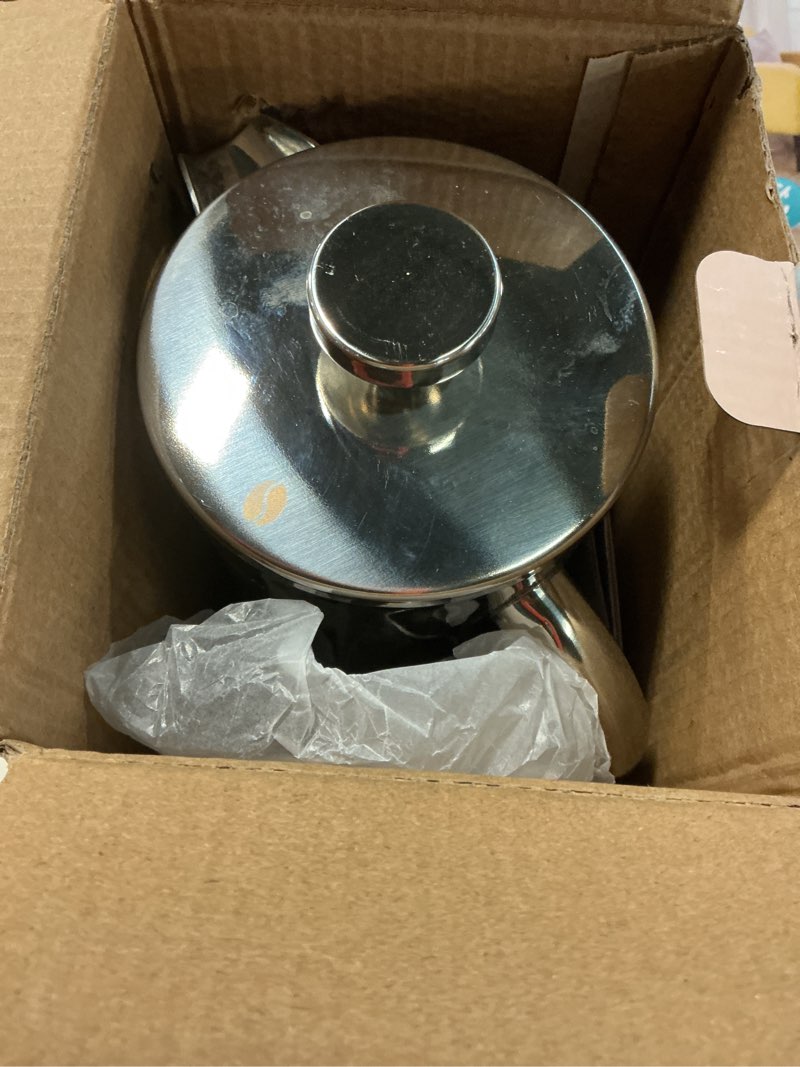 Condition photo showing As Is for non-toxic stainless steel french press, no plastic or heavy metals, 34 oz | surgical-grade steel. 4-layer filter. double-wall insulated, stays hot for longer. measure marks. dishwasher safe. portable. standard