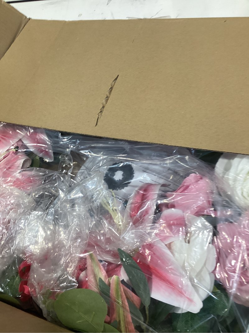 Condition photo showing Good Condition for cemetery wreaths decoration - headstone wreaths with pink lily and white rose for graves on 30 inch tall easel stand, spring wreath for front door decoration