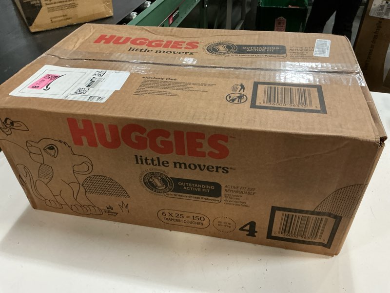 Condition photo showing New/Like New for huggies size 4 diapers, little movers baby diapers, size 4 (22-37 lbs), 150 count (6 packs of 25), packaging may vary size 4 150