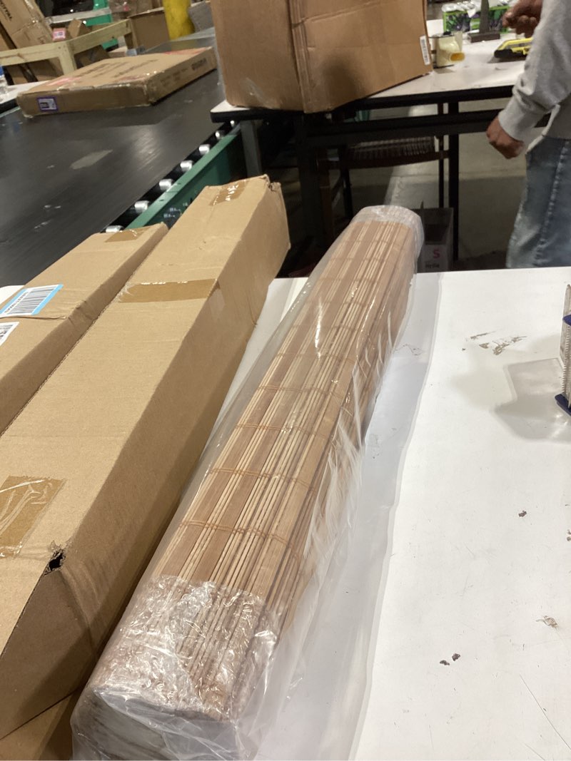 Condition photo showing Good Condition for similar to no drill no tools bamboo roman shades, cordless light filtering window blinds with valance, natural woven wood shades for living room dining room, brown, 34\" w x 64\" h brown 34\"w x 64\"h