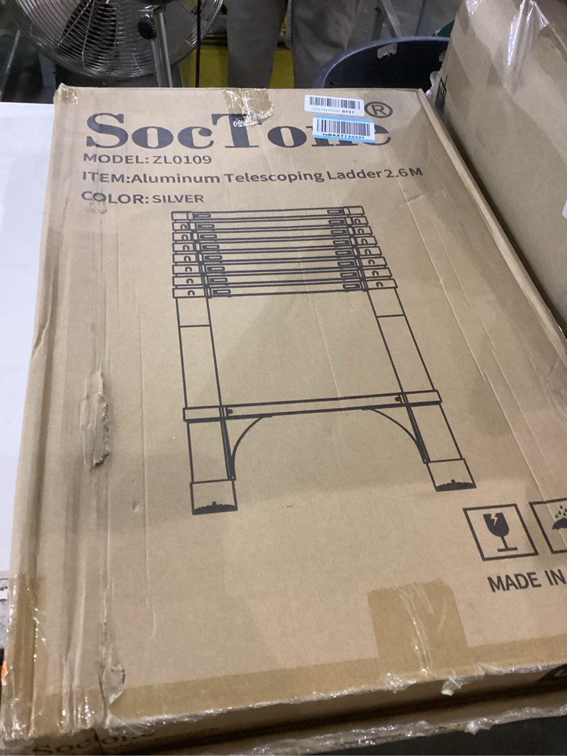 Condition photo showing As Is for Soctone Telescoping Ladder 8.5 FT, Retraction Aluminum Extension Ladder with 2 Triangle Stabilizers, Multi-Purpose Ladder with Slow Down Design, 330lbs Max Capacity for House Daily Life 8.5FT