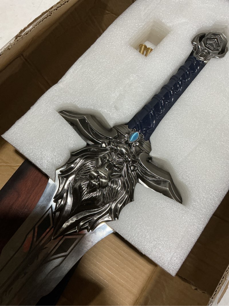 Condition photo showing As Is for similar to (silver/blue) sword fort 46.5 inch stainless steel king ryan lion sword vintage martial arts sword with hanging plate lion head relief craft, suitable for cosplay, collection, decoration and gift