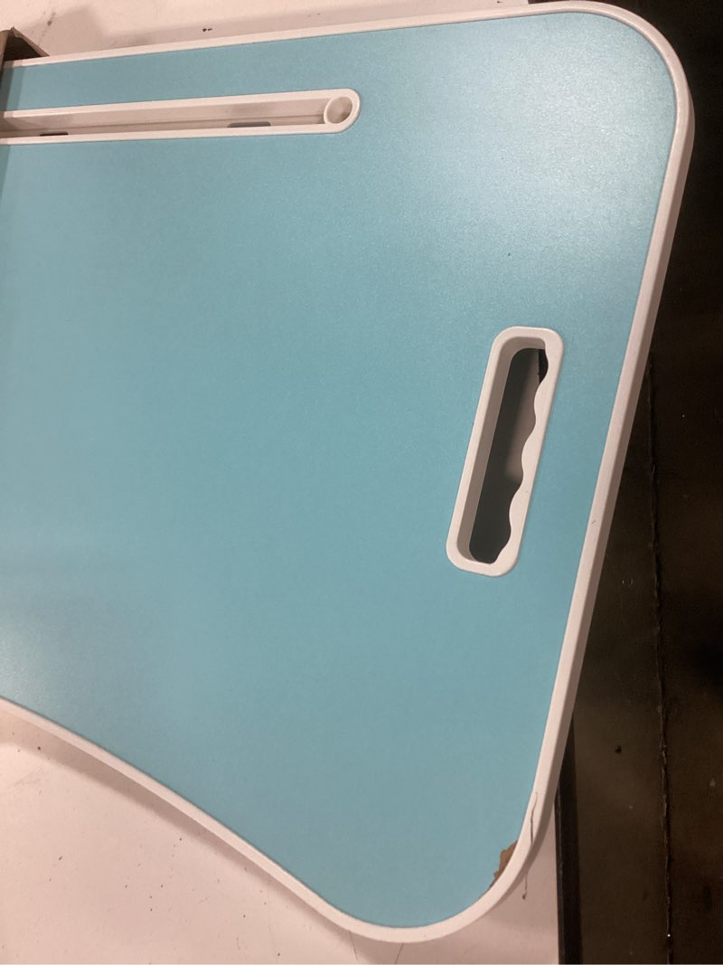 Condition photo showing As Is for foldable laptop table, portable lap desk bed table tray, laptop stand with cup holder & tablet slot & lifting handle for working writing drawing & eating (blue)