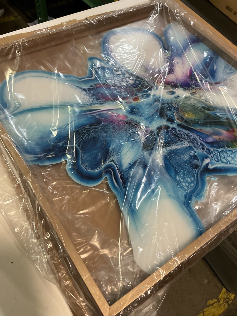 Condition photo showing New/Like New for kate and laurel blake indigo blooms framed printed acrylic wall art by xizhou xie, 24x24 gold, modern abstract bright botanical flower art gold 24"l x 24"w