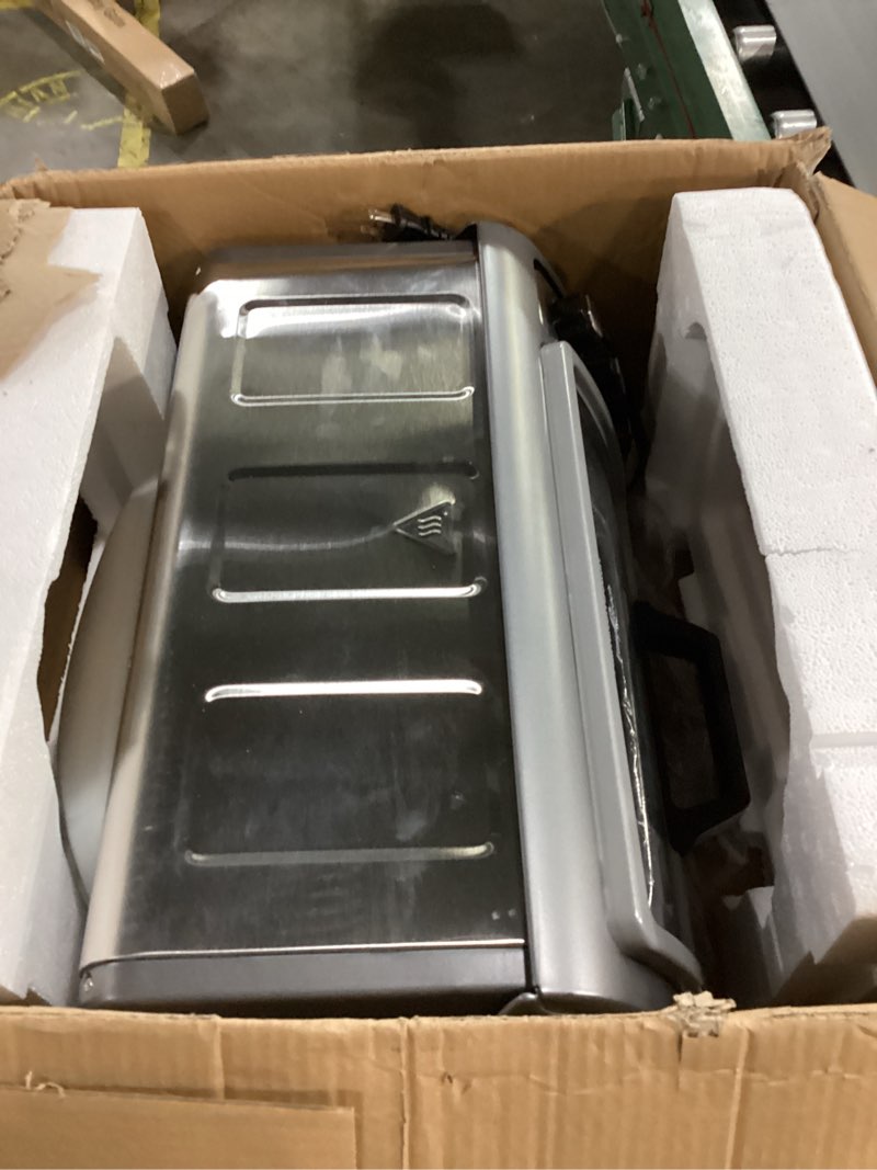 Condition photo showing As Is for Hamilton Beach Air Fryer Toaster Oven Combo with Large Capacity, Fits 6 Slices or 12” Pizza, 4 Cooking Functions for Convection, Bake, Broil, Roll-Top Door, Easy Reach Sure-Crisp, Stainless Steel