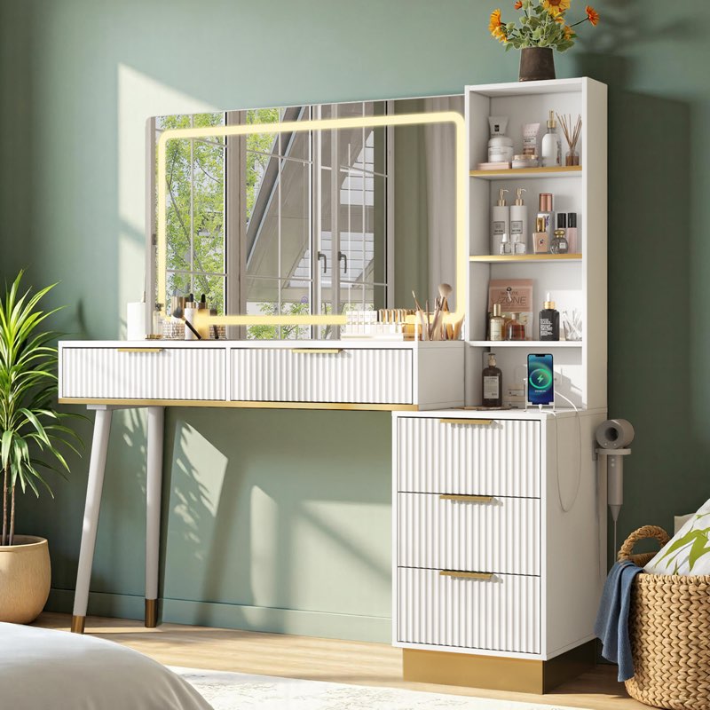 Mercer41 48" Vanity Desk with 35" Large Lighted Mirror, 5 Drawers & Shelves & Charging Station