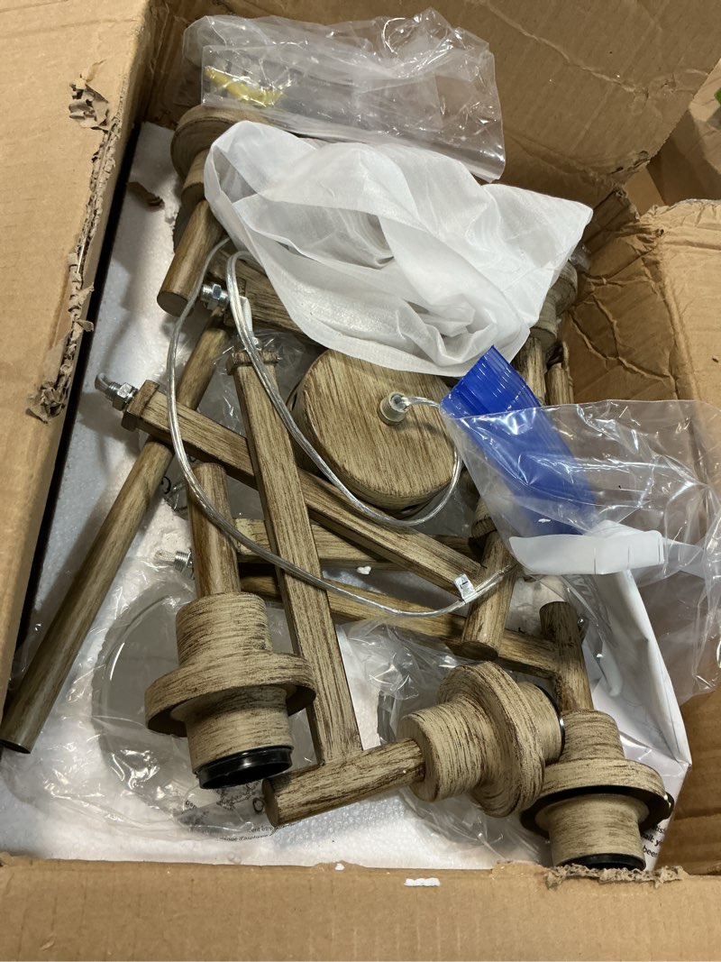 Condition photo showing Good Condition for 6 Light Farmhouse Chandeliers for Dining Room | Rustic Dining Room Light Fixtures Over Table | Fake Wood Hanging Lighting with Clear Glass Cover for Living Room | Kitchen Island | Entryway | Bathroom Faux Wood Texture 6-Lights D25"
