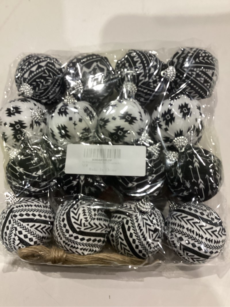 Condition photo showing New/Like New for 16 Pcs Christmas Ball Ornaments Aztec Christmas Tree Ornaments Black and White Hanging Decorations Western Cowboy Ball Ornament with Jute String for Xmas Party Farmhouse Decor (Black and White)