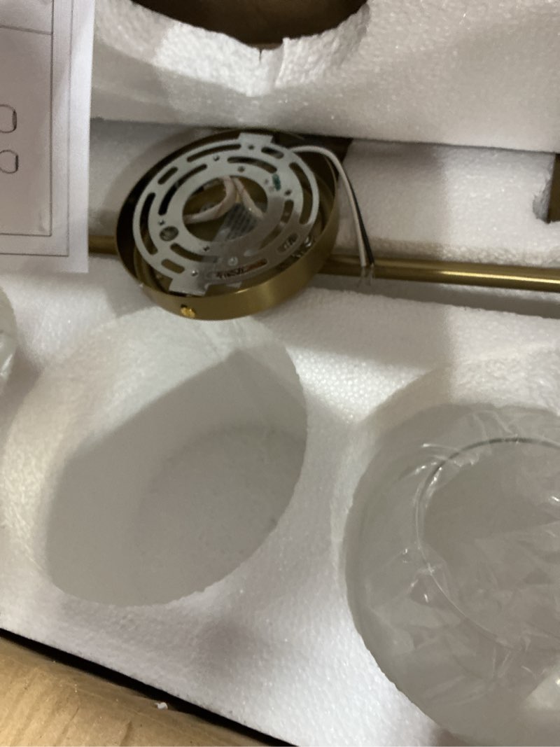 Condition photo showing As Is for Gold Bathroom Light Fixtures 3 Light Bathroom Vanity Light with Clear Glass Shade, 22 inch Vanity Lighting Fixtures Over Mirror, Vanity Lights Fixture (Exclude E26 Bulb) Gold 3-Lights (missing 1 glass shade)