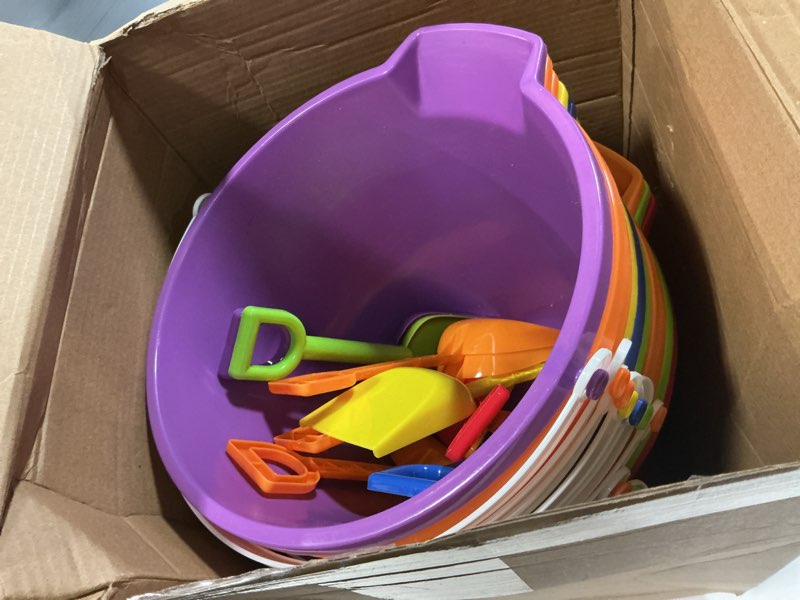 Condition photo showing As Is for 12 set beach sand buckets and shovels set includes 9 inch large sand buckets and shovels beach pails toys for kids for summer theme party favors summer game (6 colors) 6 colors 12