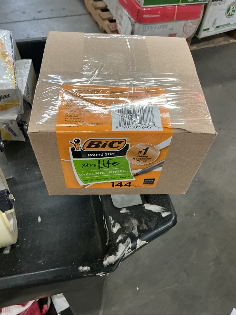 Condition photo showing New/Like New for bic round stic xtra life ballpoint pen, medium point, 1.00 mm, black ink, 144 count