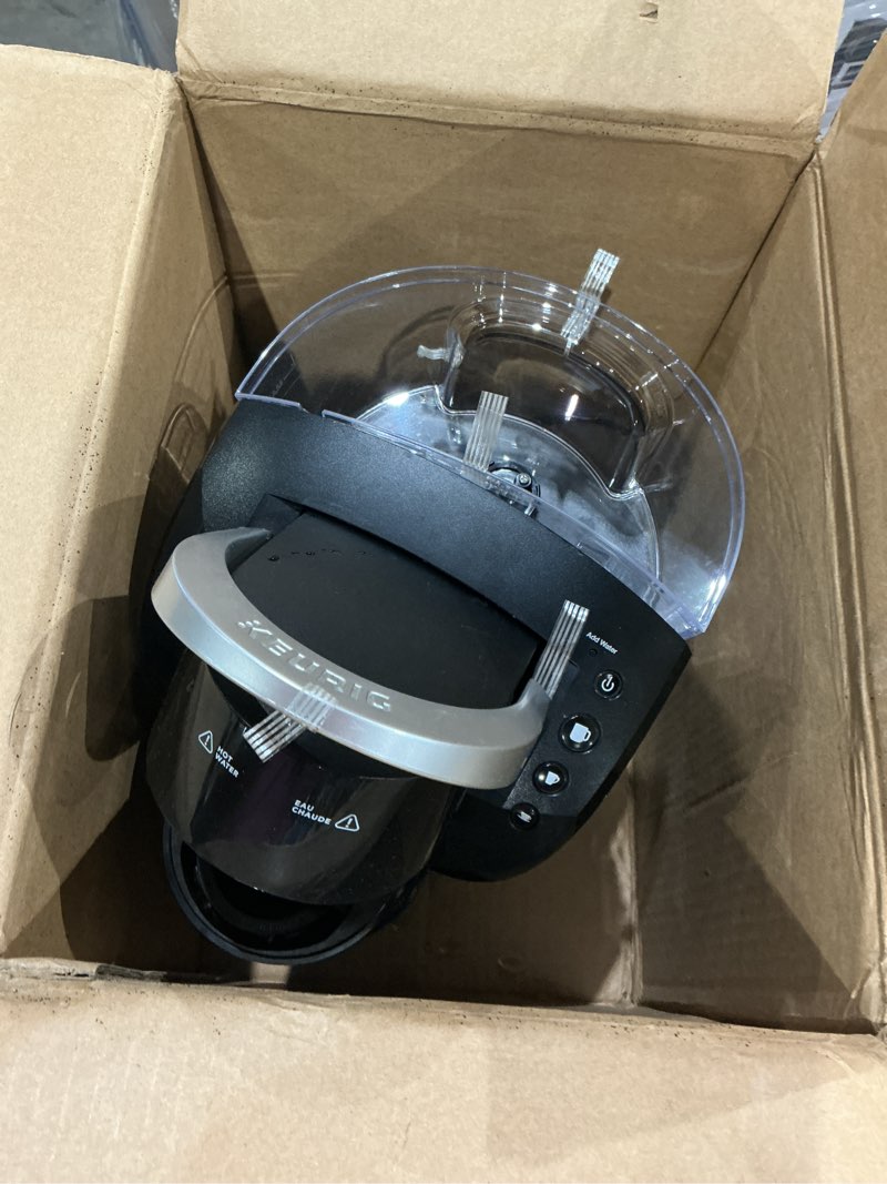 Condition photo showing As Is for keurig k-compact single-serve k-cup pod coffee maker, with 3 brew sizes, smart start feature, 36oz removable reservoir, black