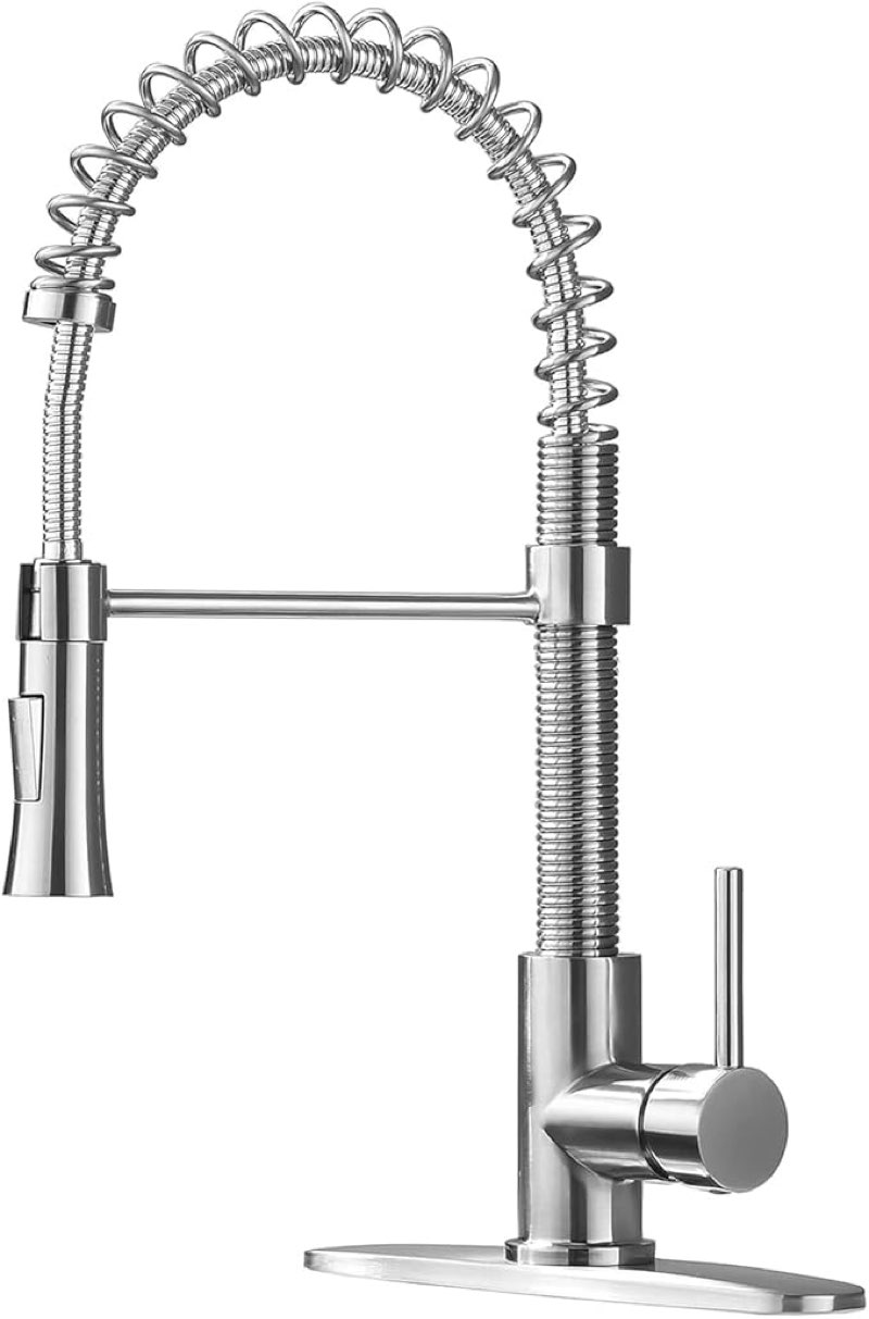  kingo home brushed nickel kitchen faucet with sprayer, high arc single handle kitchen sink faucet one hole stainless steel kitchen faucets for farmhouse camper laundry rv bar sink, grifos de cocina