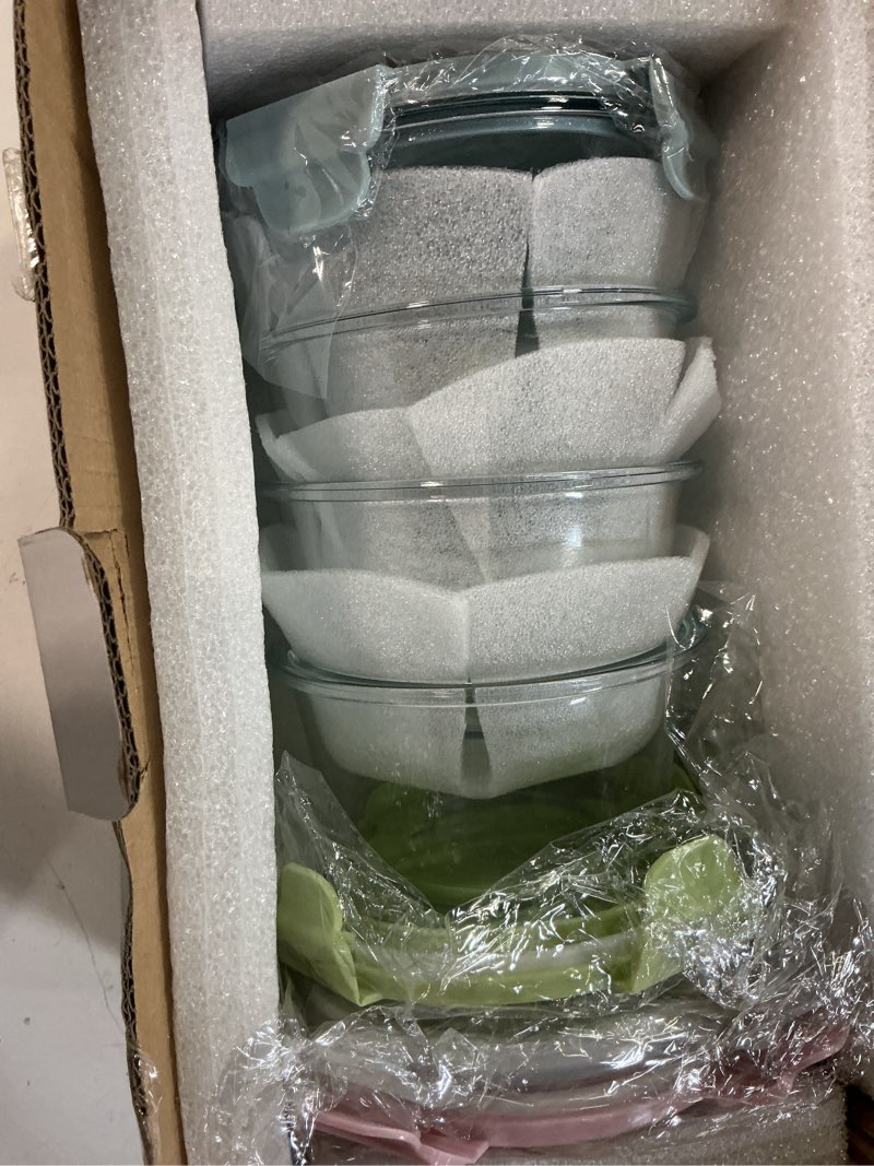 Condition photo showing New/Like New for 16oz glass meal prep containers, airtight 2 cup glass storage containers with lids, heat-resistant bpa-free borosilicate glass soup container for leftover, microwave, dishwasher&freezer safe (4 packs) multicolor+clear 16oz 4