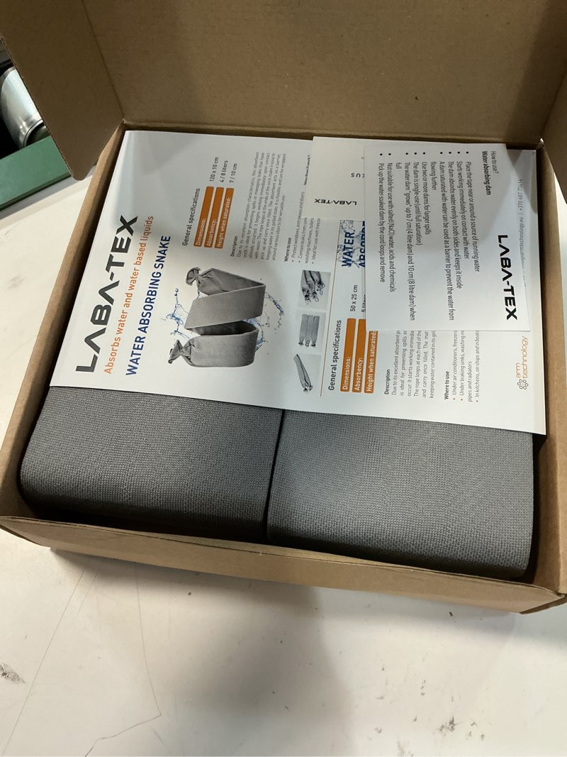 Condition photo showing New/Like New for water activated leak protection dam for a leaking pipe, washing machine, clogged toilet, no preparation, quick protection, absorbability 1,1 gallons, 4 pack: 45x3,95 inch, disposable 4-pack (1,1 gal each) gray