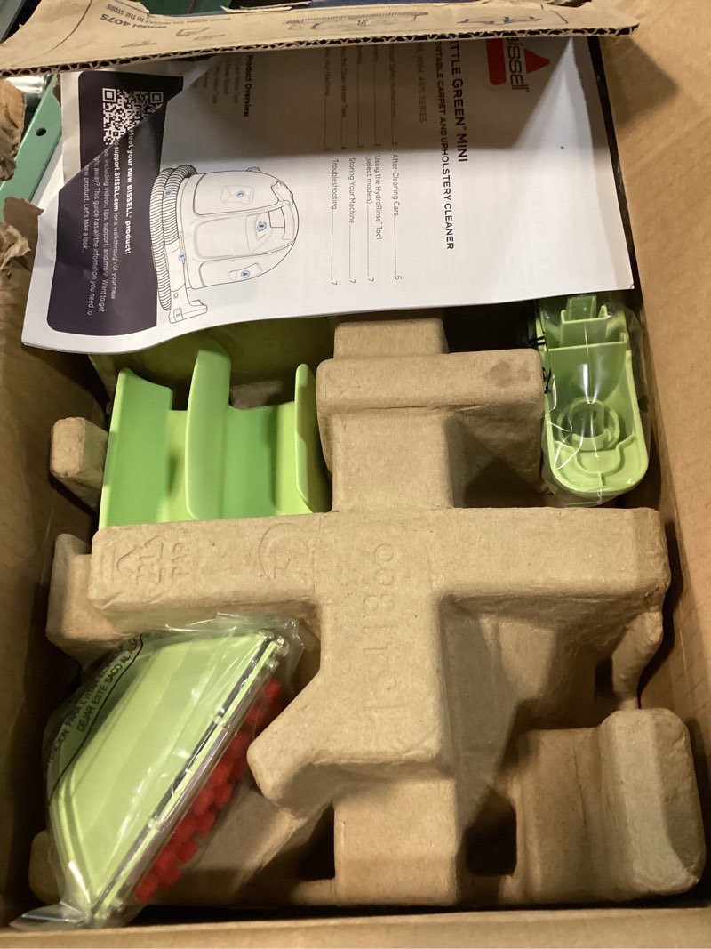 Condition photo showing As Is for bissell little green mini portable carpet and upholstery deep cleaner, car/auto detailer, with hydrorinse self-cleaning tool and 4" tough stain tool, tea green, 4075