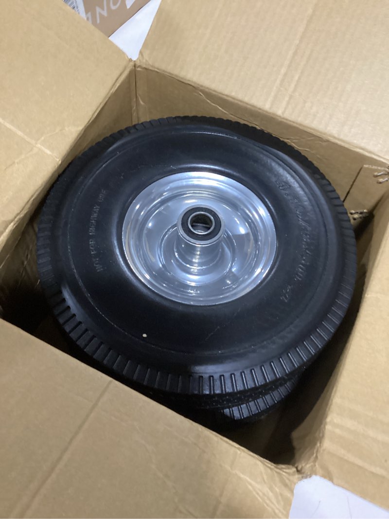 Condition photo showing New/Like New for rrq 10 inch solid polyurethane tire 4.10/3.50-4 tire, 10" flat free wheels with 5/8" bearings, 2.2" offset hub for garden cart, hand truck, lawn cart, mower (2 pack)
