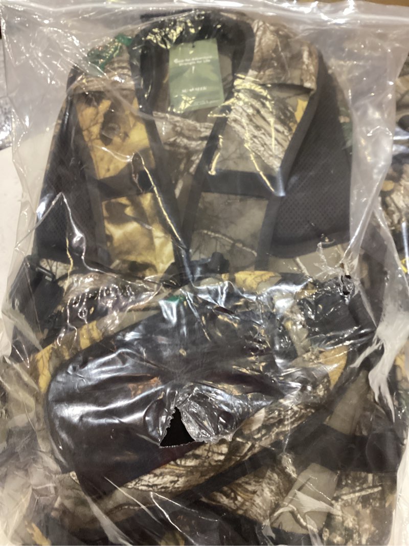 Condition photo showing New/Like New for hunting backpack with integrated rifle and bow carrier, brushed tricot daypack for turkey and deer hunting, 30l camo pack with drop-down buttstock holder, padded waist belt and rain cover