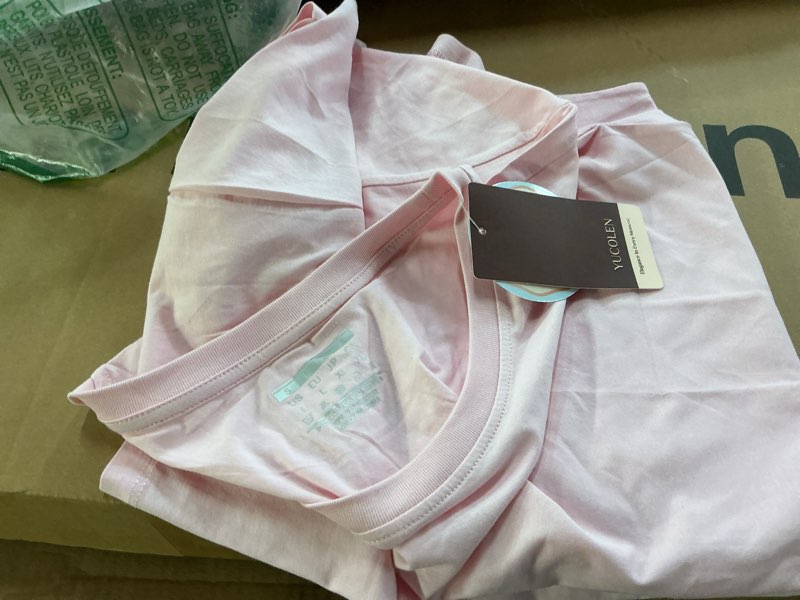 Condition photo showing As Is for yucolen t shirts for women short sleeve crewneck cotton tops summer upf 50+ casual breathable basic tee tshirt large a02-light pink