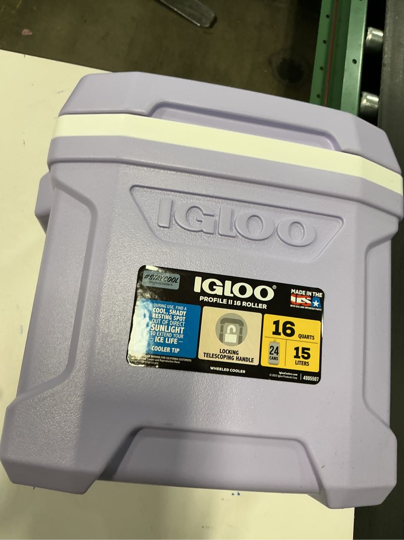 Condition photo showing As Is for igloo profile 16qt rolling cooler - lilac: polyethylene, wheels &