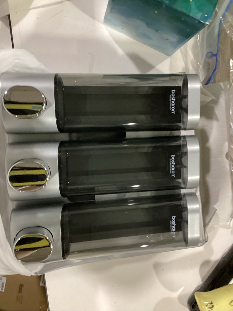 Condition photo showing New/Like New for 3 in 1 wall mounted shower dispenser, 3 x 10 oz shampoo body wash conditioner pump dispenser, no drill for bathroom & kitchen silver