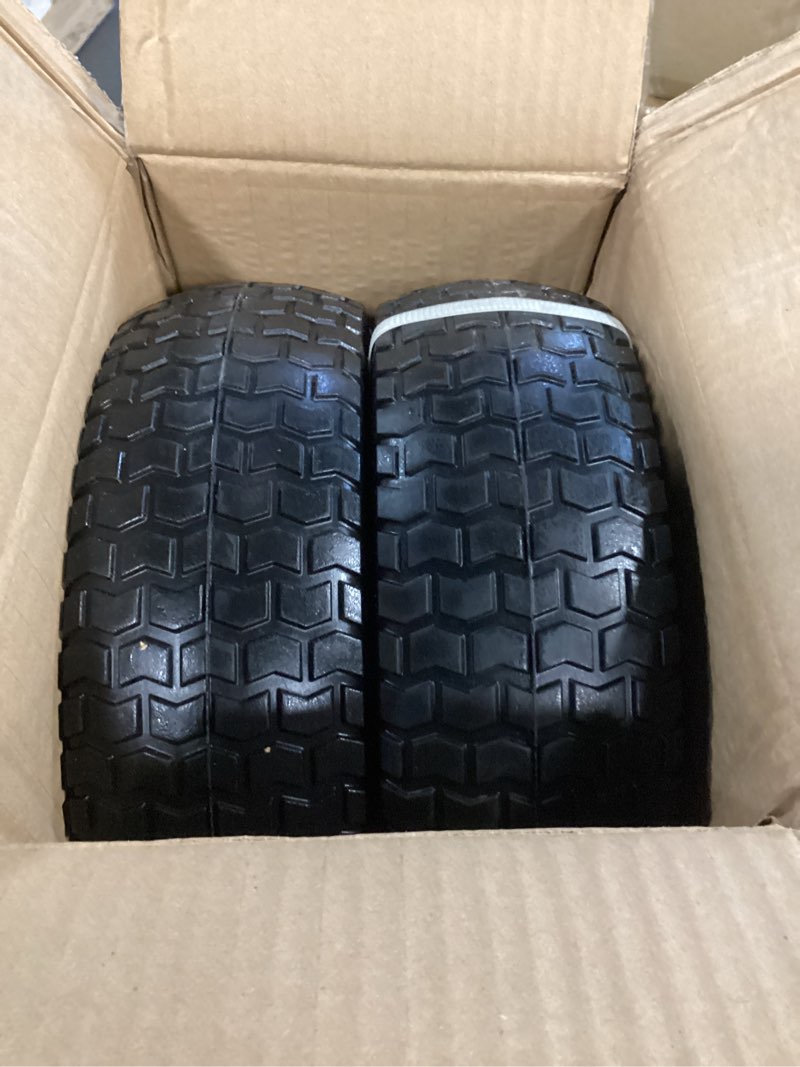 Condition photo showing Good Condition for 2-Pack Small 13x5.00-6 Flat Free Tire with Rim,2.25" Offset Hub with 5/8" Ball Bearing,Diameter 12.2",Width 3.6" w/Grease Fitting,300lbs Capacity,13x5-6 No-Flat Solid Wheel,for Lawn mower,Garden Cart