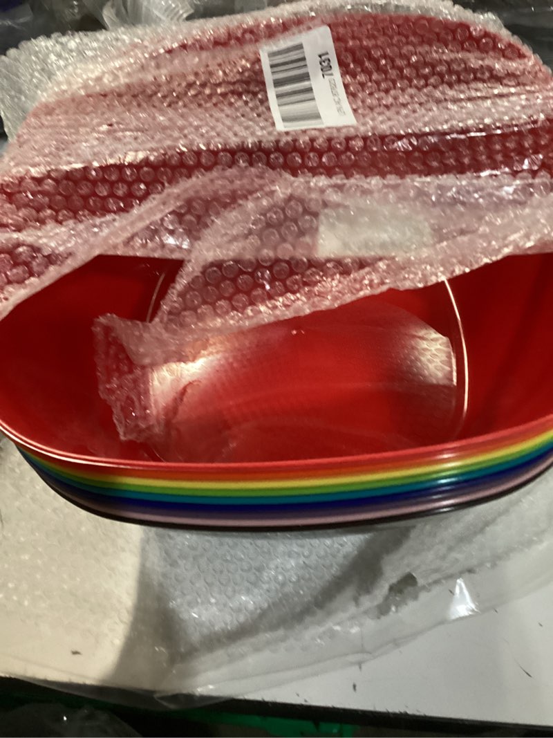 Condition photo showing Good Condition for youngever 9 pack 120 ounce plastic mixing and serving bowls, square popcorn bowls, salad bowls, chip and dip serving bowls (rainbow color)