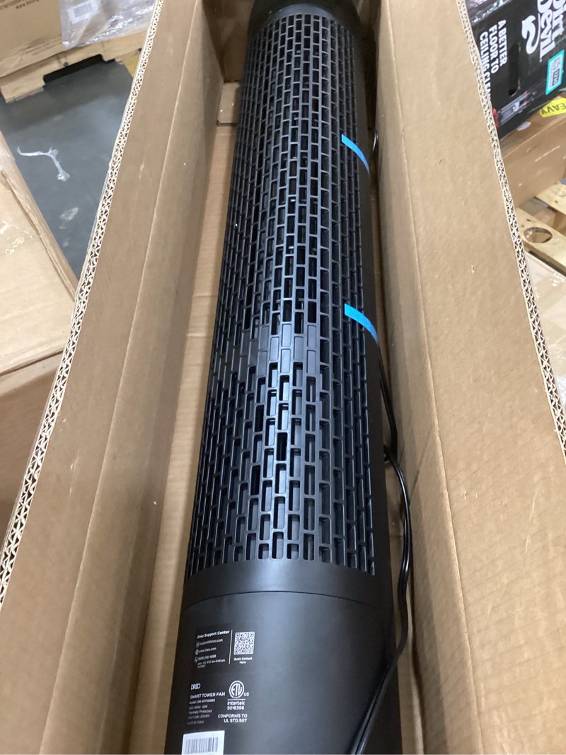 Condition photo showing As Is for dreo smart tower fan for bedroom, 90° oscillating 40" standing fan, 26ft/s high-speed 5 speeds 4 modes, quiet room floor fans, touch/remote/app & voice control, work with alexa, 12h timer, silver