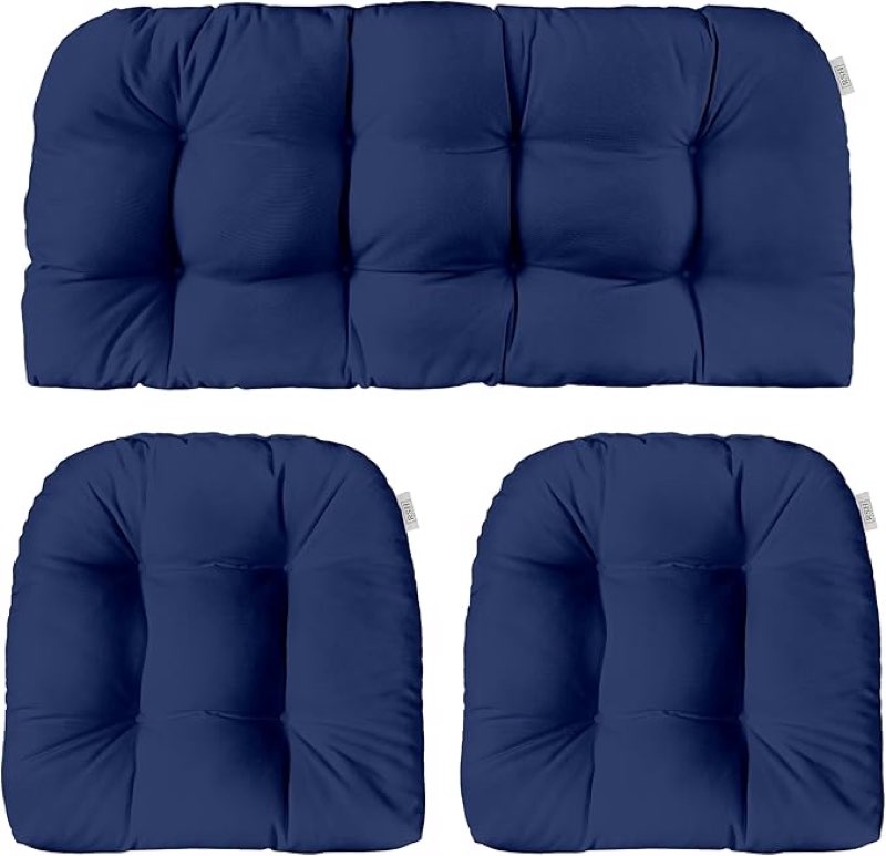 rsh decor: 3-piece wicker tufted cushion set | 41” x 19" & 19" x 19" | all-weather spun fabric | water resistant | outdoor loveseat & u-shape cushions for patio furniture | navy blue