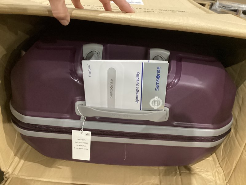 Condition photo showing New/Like New for samsonite freeform large checked luggage with dual 360° spinner wheels - tsa lock, airline-approved - lightweight durable polypropylene expandable hardshell - amethyst purple checked-large spinner amethyst purple
