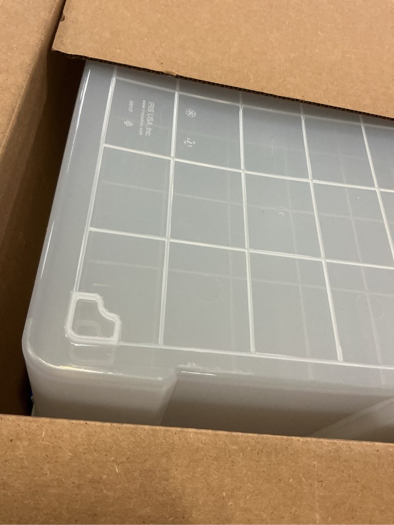 Condition photo showing Good Condition for IRIS USA WeatherPro 44 Qt Storage Bins with Lids, 2 Pack, BPA-Free Plastic Gasket Box with Tight Latch and Seal, Stackable Nestable Tote Tub - Clear/Blue 44 Qt. - 2 Pack