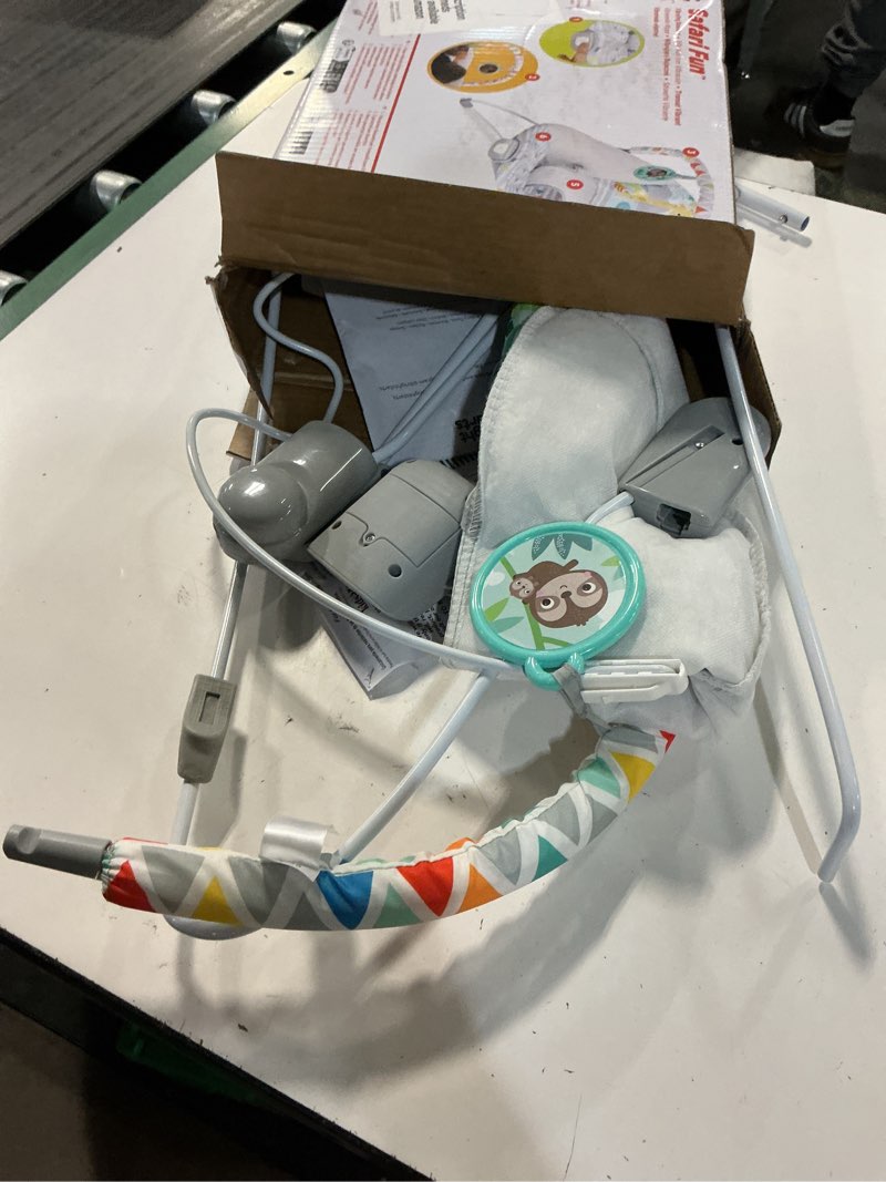 Condition photo showing As Is for bright starts baby bouncer soothing vibrations infant seat - removable -toy bar, nonslip feet, 0-6 months up to 20 lbs (safari fun)