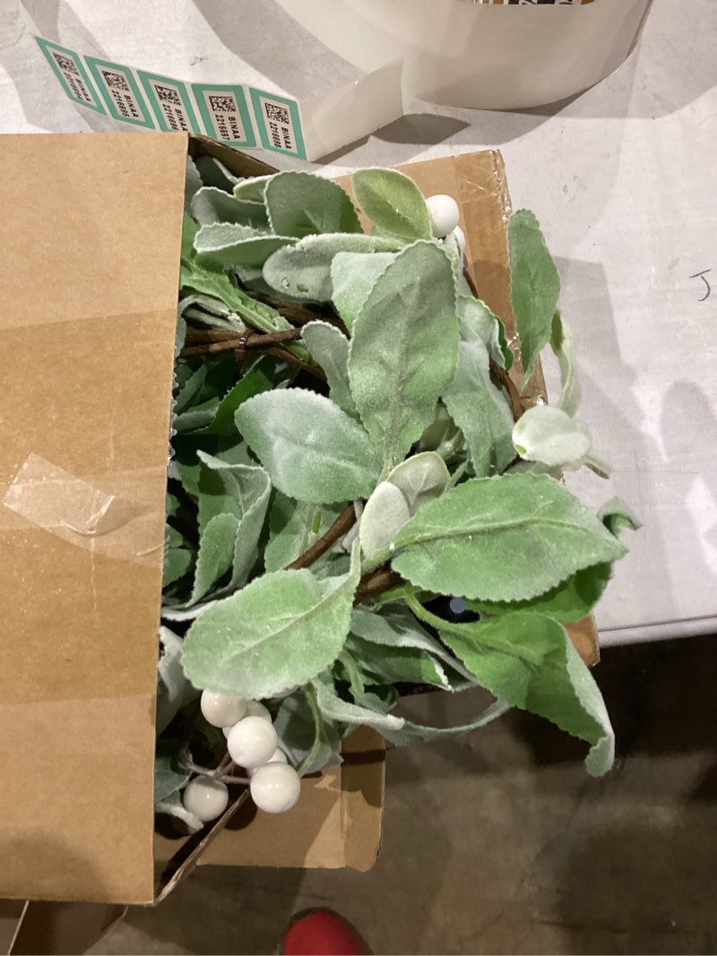 Condition photo showing New/Like New for 6 ft Artificial Flocked Lambs Ear Garland with White Berries, White Berries Spring Garland, Decorative Farmhouse Vines for Mantle Fireplace Wedding Spring Tabletop Centerpieces Home Decor