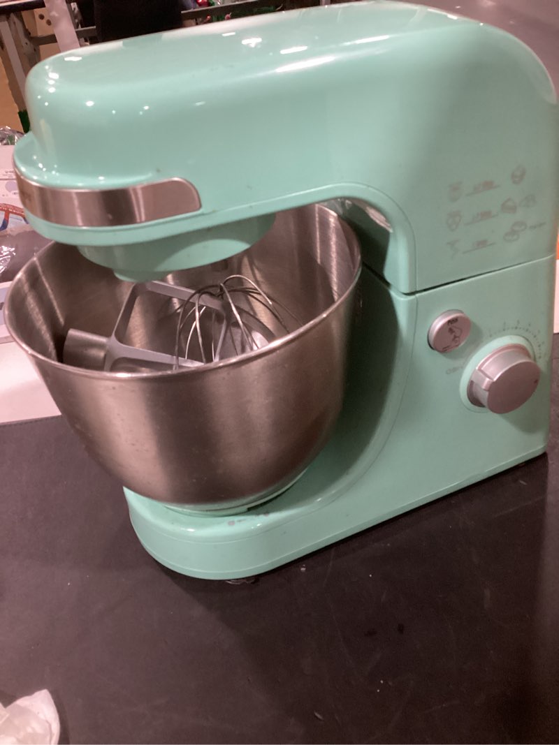 Condition photo showing As Is for hamilton beach electric stand mixer, 4 quarts, dough hook, flat beater attachments, splash guard 7 speeds with whisk, aqua aqua blue 7 speeds with whisk & splash guard