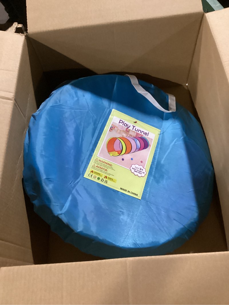 Condition photo showing Good Condition for kids play tunnel tent for toddlers, colorful pop up crawl tunnel toy for baby or pet with breathable mesh, collapsible gift for boy and girl play tunnel indoor and outdoor game rainbow tunnel